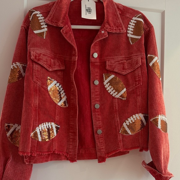 Football game ready!!!Red Corduroy Jacket with Sequined Football Patches - Picture 5 of 5